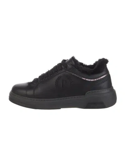 Pre-owned Pollini Leather Fur Trim Sneakers In Black