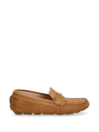 Pollini Logo-plaque Suede Loafers In Brown