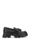 POLLINI BLACK LOAFERS WITH TASSEL AND PLATFORM IN HAMMERED LEATHER WOMAN