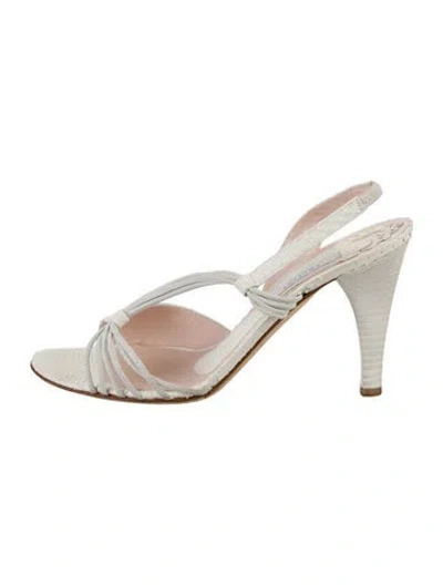 Pre-owned Pollini Snakeskin Leather Trim Embellishment Slingback Sandals In White
