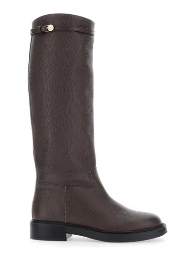 POLLINI BROWN KNEE-HIGH BOOTS WITH BUCKLE DETAIL IN GRAINED LEATHER WOMAN