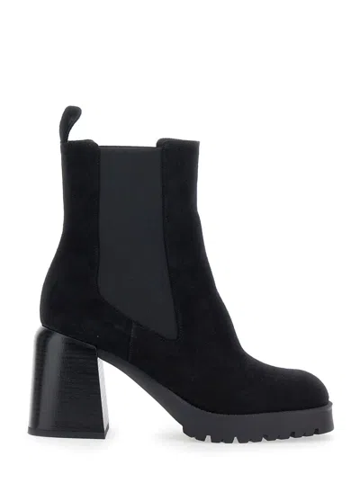 POLLINI BLACK ELASTICATED BAND BLOCK HEEL ANKLE BOOTS IN SUEDE WOMAN