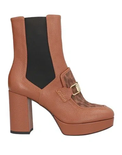 Pollini Woman Ankle Boots Tan Size 7 Leather, Elastic Fibres In Brown