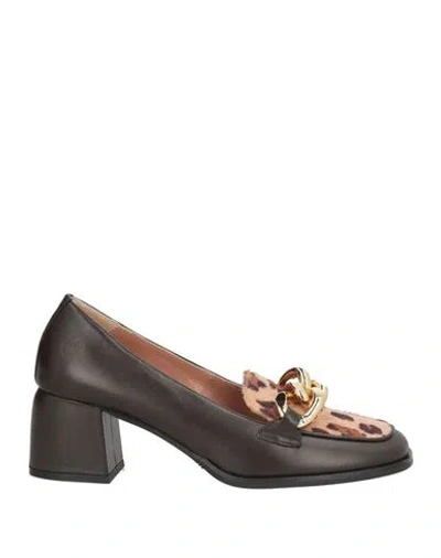 Pollini Woman Loafers Dark Brown Size 8 Leather, Textile Fibers