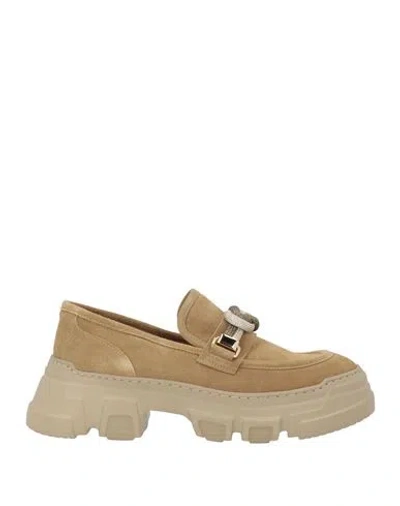 Pollini Woman Loafers Khaki Size 9 Leather In Gold