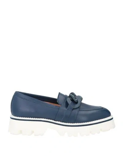 Pollini Woman Loafers Navy Size 11 Leather In Blue