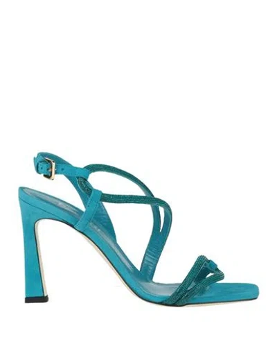 Pollini Woman Sandals Azure Size 8 Leather In Blue