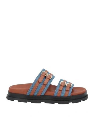 Pollini Woman Sandals Brown Size 8 Calfskin, Textile Fibers