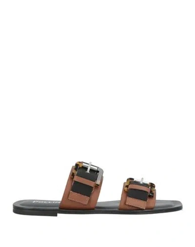 Pollini Woman Sandals Brown Size 8 Textile Fibers, Calfskin In Animal Print