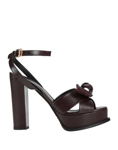 Pollini Woman Sandals Burgundy Size 8 Leather In Brown