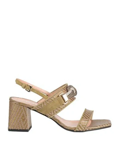 Pollini Woman Sandals Military Green Size 8 Leather, Jute