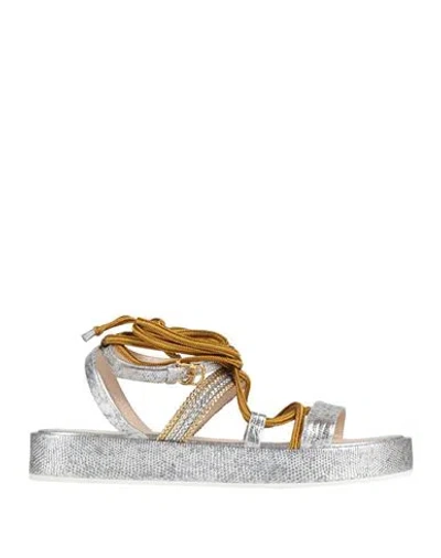 Pollini Woman Sandals Silver Size 7 Goat Skin, Polyurethane, Polyester