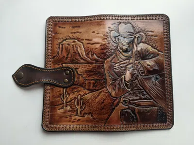 Pre-owned Polluxhandle Cowboy Wallet, Men's 3d Genuine Leather Wallet, Biker Wallet, Carved Wallet In Brown