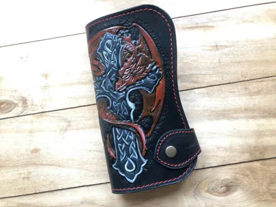Pre-owned Polluxhandle Dragon And Celtic Cross Wallet, Bifold Long Wallet, Biker Wallet, Carving Wallet In Brown