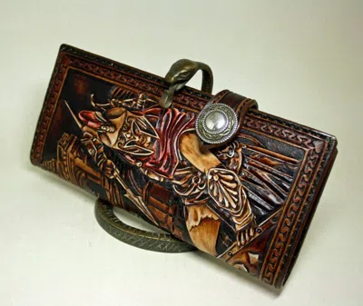 Pre-owned Polluxhandle Gladiator Long Wallet, Hand-tooled Biker Wallet, Motorbike Wallet,leather Carved In Brown