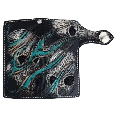 Pre-owned Polluxhandle Green Devil Lizard Wallet, Hand-tooled, Bifold Long Wallet, Motorbike Wallet