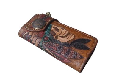 Pre-owned Polluxhandle Indian Skull Long Wallet, Hand-tooled Biker Wallet, Motorbike Wallet Hand Carved In Brown