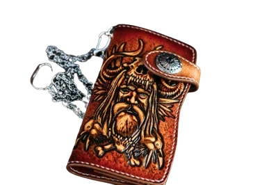 Pre-owned Polluxhandle Odin Long Wallet, Biker Wallet, 3d Genuine Natural Leather Carving Long Wallet In Brown