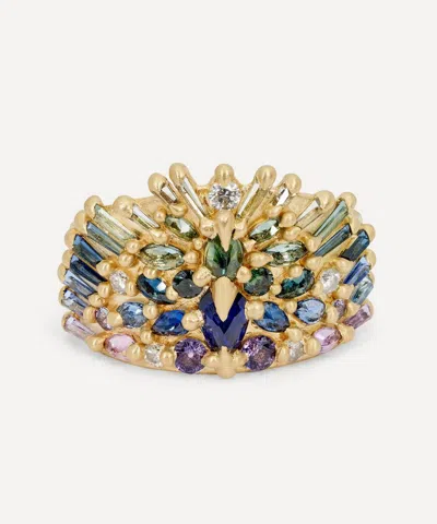 Polly Wales 18ct Gold Blue And Green Uber Half Shield Ring In Multi