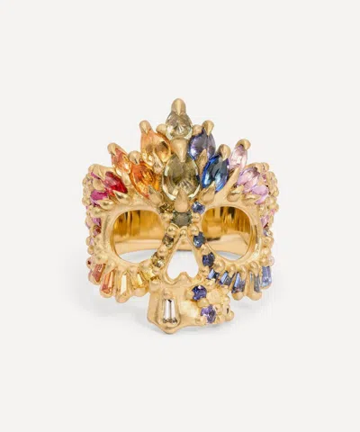 Polly Wales 18ct Gold Rainbow Arcus Sapphire Skull Ring