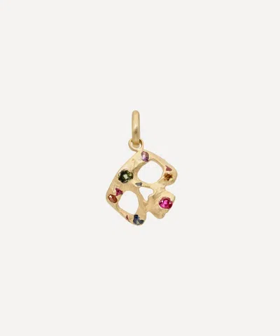 Polly Wales 18ct Gold Rainbow Confetti Sapphire Skull Charm In Orange