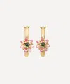 Polly Wales 18ct Gold Small Green And Pink Daisy Oval Hoop Earrings In Gold