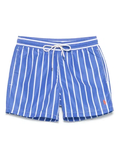 Polo Ralph Lauren Traveler Icon Logo Wide Stripe Slim Fit Mid Swim Shorts In Blue