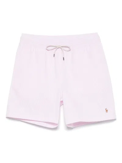 Polo Ralph Lauren Traveler Straight-leg Mid-length Striped Cotton-blend Seersucker Swim Shorts In Pink