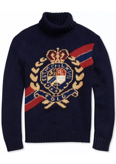 Pre-owned Polo Ralph Lauren 2017 Wool Intarsia Crest Turtleneck Sweater Sz Small In Blue