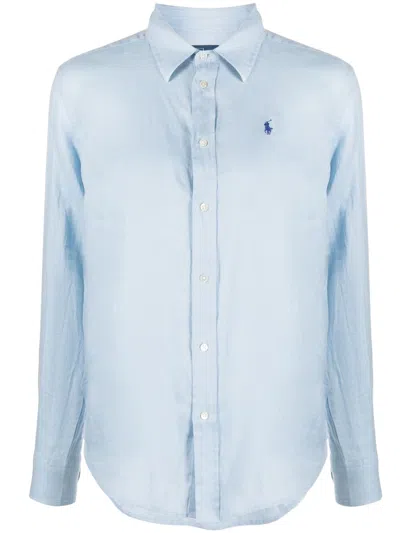 Polo Ralph Lauren Long Sleeve Button Front Linen Shirt In Blue