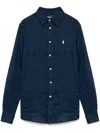 Polo Ralph Lauren Blue Linen Shirt With Embroidered Pony Logo In Blue
