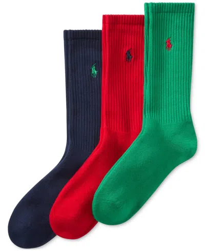 Polo Ralph Lauren 3 Pack Ribbed Cushion Foot Crew Men's Socks In Green