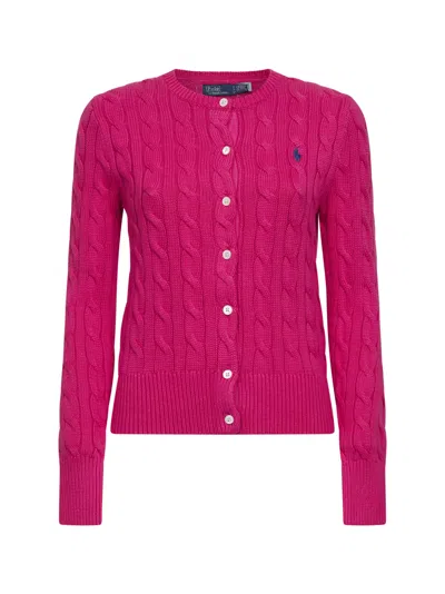 Polo Ralph Lauren Accent Pink Cable-knit Cotton Crewneck Cardigan In Multi