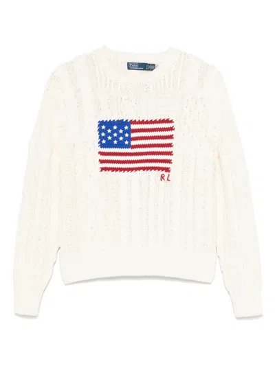 Polo Ralph Lauren Cream-colored Sweater With Flag Detail In Beige