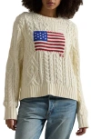 Polo Ralph Lauren Aran Stitch American Flag Cotton Crewneck Sweater In Cream
