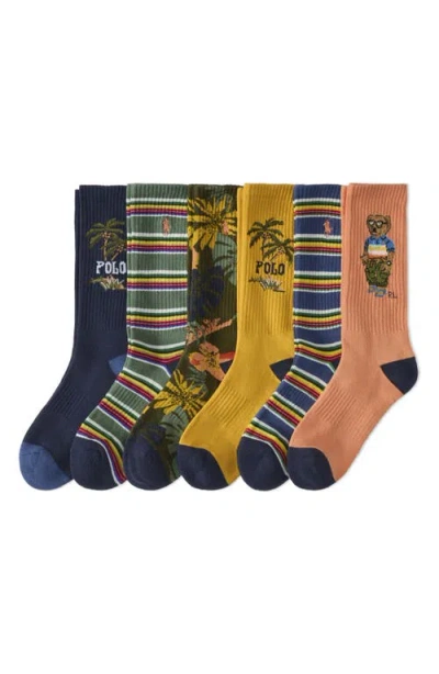 Polo Ralph Lauren Assorted 6-pack Surf Club Bear Crew Socks In Multi