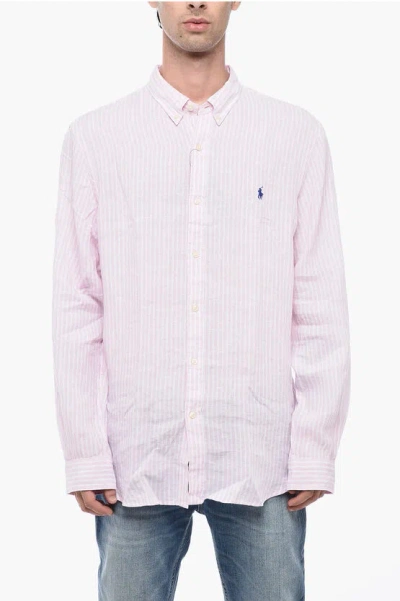 Polo Ralph Lauren Awning Patterned Linen Shirt With Button-down Collar In Pink