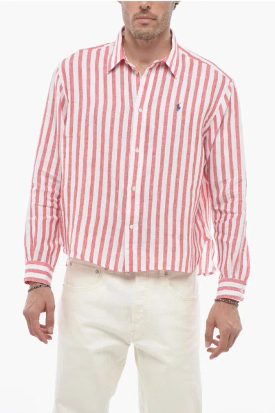 Polo Ralph Lauren Awning Striped Linen Shirt In Pink