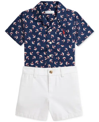 Polo Ralph Lauren Baby Boys Anchor-print Camp Shirt & Canvas Short Set In Blue