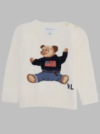 Polo Ralph Lauren Maglione Girocollo Da Neonato Con Disegno Teddy Bear In White
