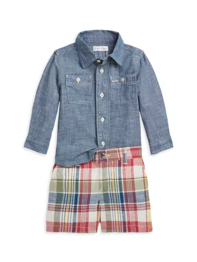 Polo Ralph Lauren Baby Boy's 2-piece Chambray Shirt & Plaid Shorts Set In Red Green Multi
