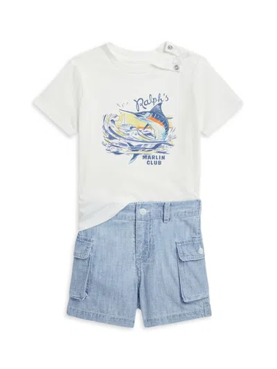 Polo Ralph Lauren Baby Boy's 2-piece T-shirt & Chambray Cargo Shorts Set In Deckwash White