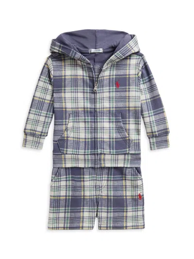 Polo Ralph Lauren Baby Boy's Plaid Terry Hoodie & Shorts Set In Blue