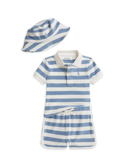 Polo Ralph Lauren Baby Boy's Striped Terry Polo Shirt, Shorts & Hat Set In Blue