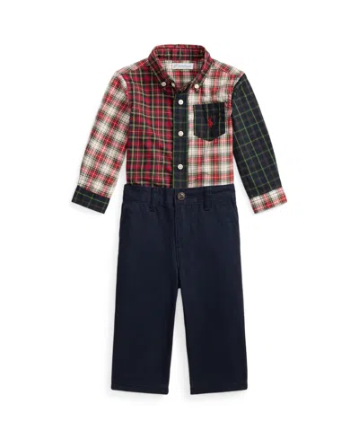 Polo Ralph Lauren Baby Boys 2-piece Long Sleeves Plaid Shirt And Chino Pants Set In Red