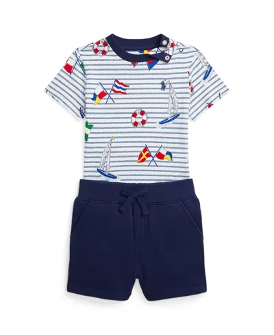 Polo Ralph Lauren Baby Boys Flag Print Jersey Tee And Fleece Short Set In Multi