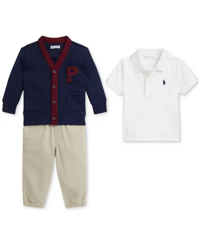 POLO RALPH LAUREN BABY BOYS FLEECE CARDIGAN, MESH POLO SHIRT & CHINO PANT SET