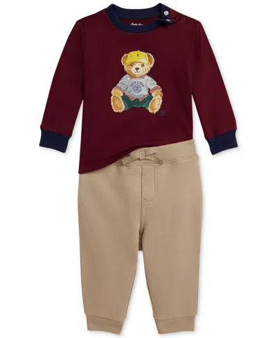 Polo Ralph Lauren Baby Boys Long-sleeve Tee & Fleece Jogger Set In Brown