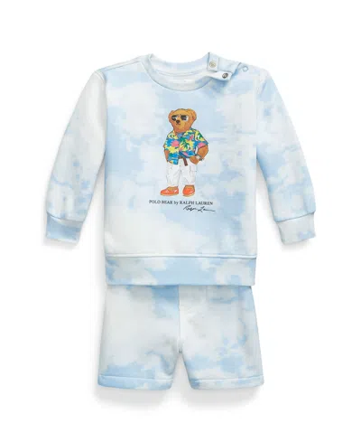 Polo Ralph Lauren Baby Boys Polo Bear Fleece Sweatshirt And Shorts Set In Riviera Blue Cloud Wash