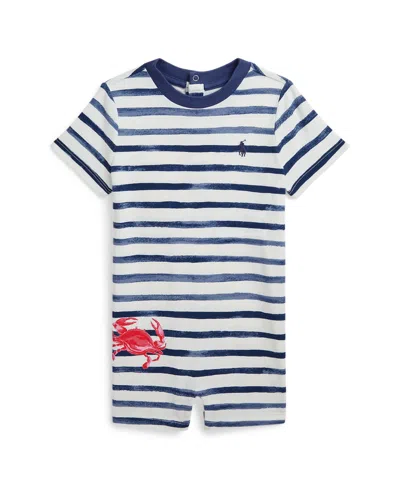 Polo Ralph Lauren Baby Boys Striped Crab Print Cotton Shortall In Blue Aquatic Stripe
